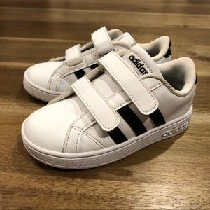 adidas kids white and navy leather sneaker